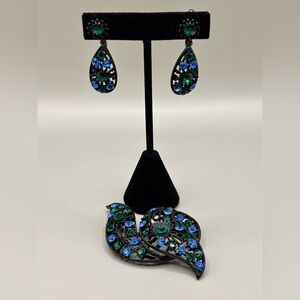 Teardrop & Paisley Blue & Green Rhinestones set in Black Earrings and Brooch Set